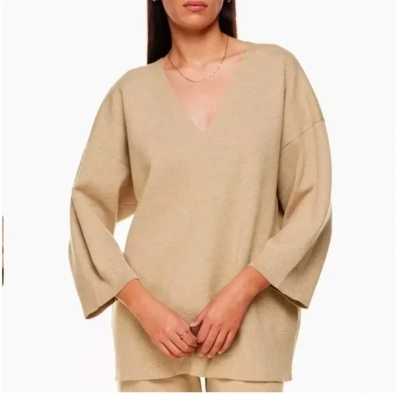 Aritzia Wilfred Free Souvenir Sweater Heather Taupe V Neck 3/4 Sleeve Oversized - Picture 1 of 15